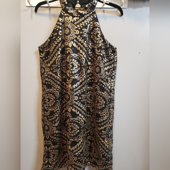 Alya Dresses & Skirts - Alya Gold Sequined Halter Style Black Sleeveless Dress, Medium
